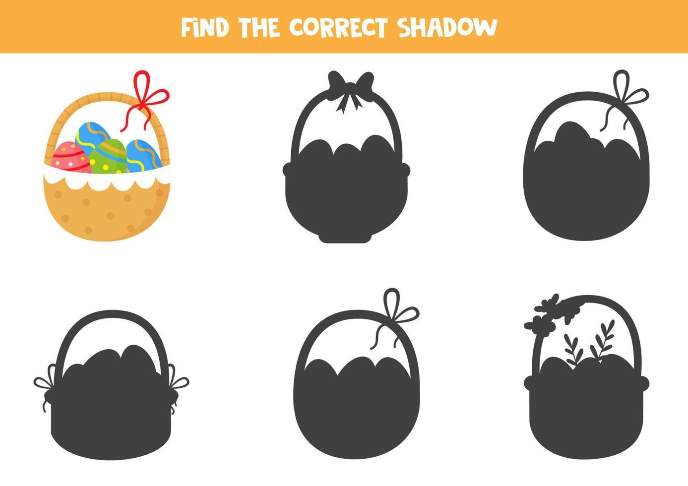 Finden Sie den richtigen Schatten des niedlichen Osterkorbs. logisches Puzzle für Kinder. vektor