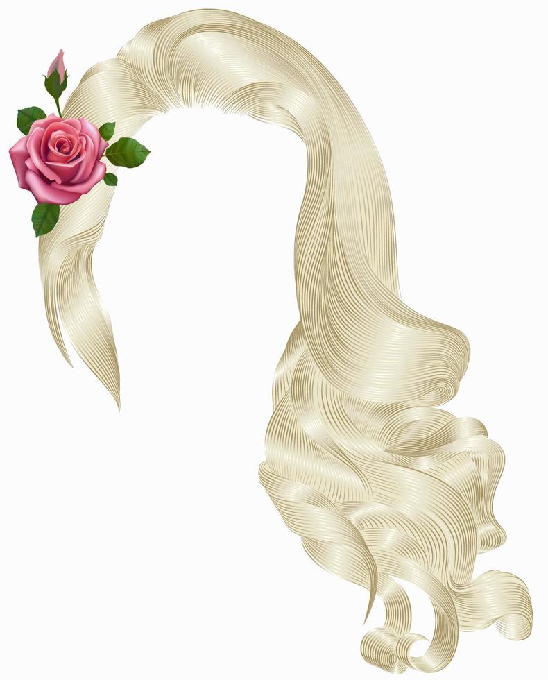 lange lockige haare der frau mit blume.rosa rose. blonde Farben. Retro-Stil. Schönheit Mode. realistisch 3d. vektor