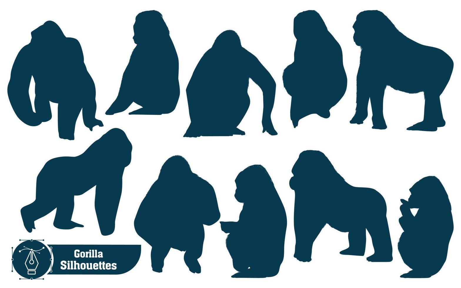 samling av djur- gorilla silhuett i annorlunda poser vektor