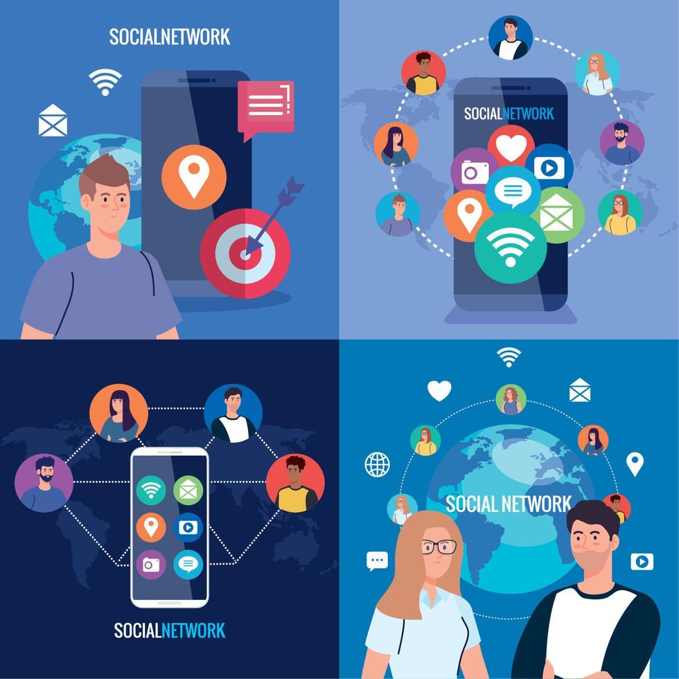 Stellen Sie Plakate des sozialen Netzwerks ein, Menschen, die digital verbunden sind, interaktiv, Kommunikation und globales Konzept vektor