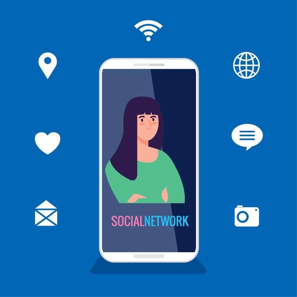 social nätverk, ung kvinna med smartphone och social media ikoner vektor