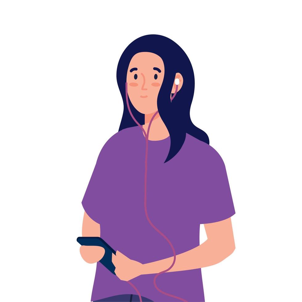 ung kvinna använder sig av hörlurar och smartphone på vit bakgrund vektor