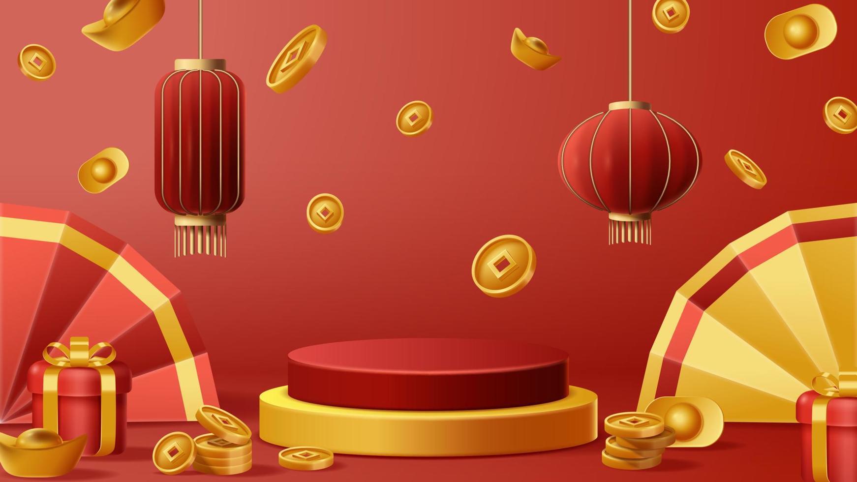 kinesisk ny år visa podium dekoration bakgrund med kinesisk prydnad. vektor 3d illustration