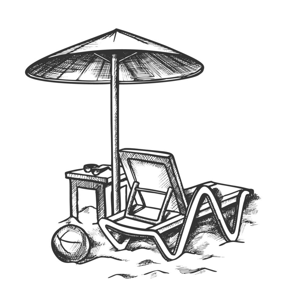 Strandkorb mit Retro-Vektor des Regenschirms und des Hockers vektor