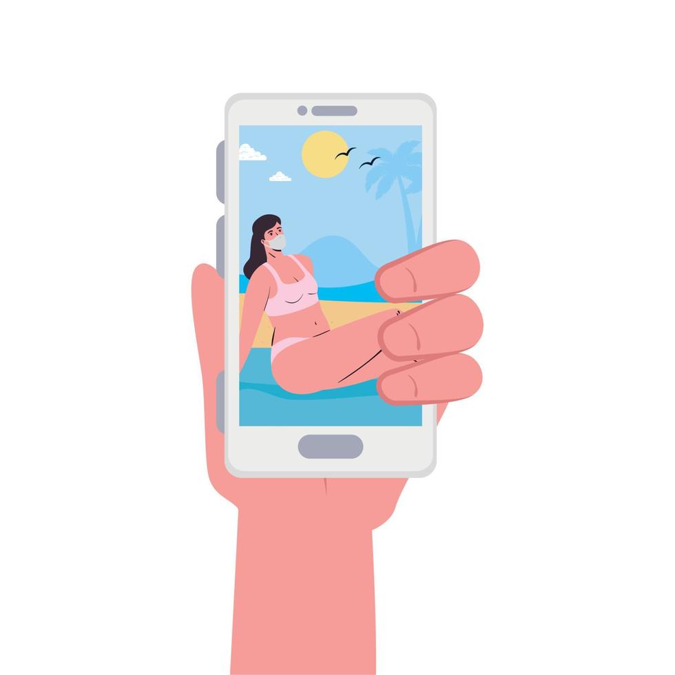 hand innehav smartphone och flicka med mask på de strand i video chatt vektor design