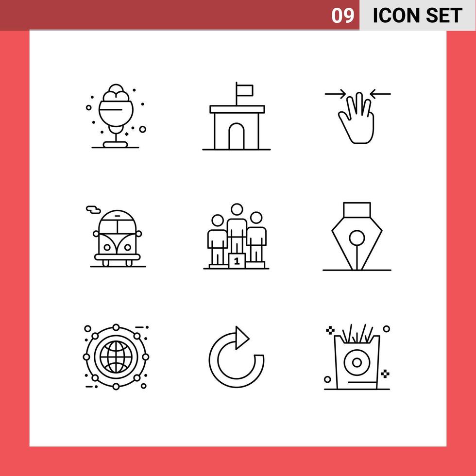 Satz von 9 modernen ui-Symbolen Symbole Zeichen für Sockel öffentliche Verkehrsmittel Eigentum öffentlicher Bus drei Finger editierbare Vektordesign-Elemente vektor