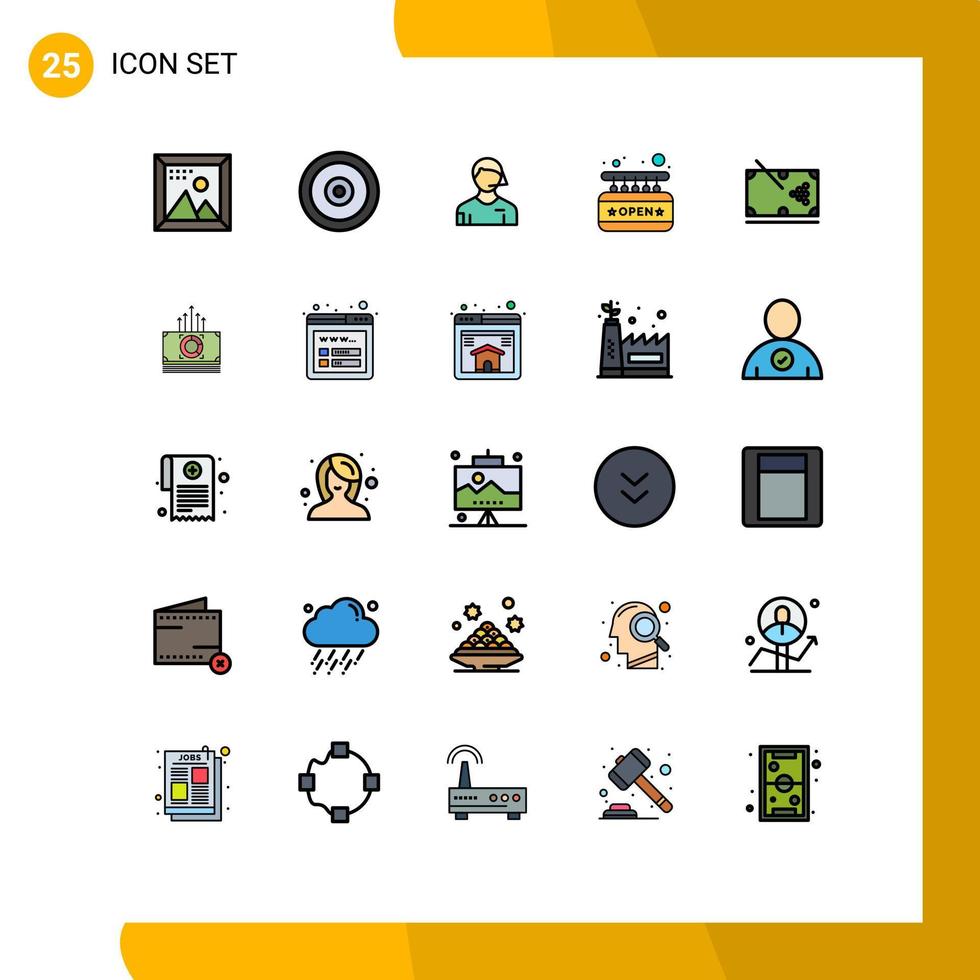 Gruppe von 25 gefüllten Linien flache Farben Zeichen und Symbole für Schilder offenes Webbrett Linienrichter editierbare Vektordesign-Elemente vektor