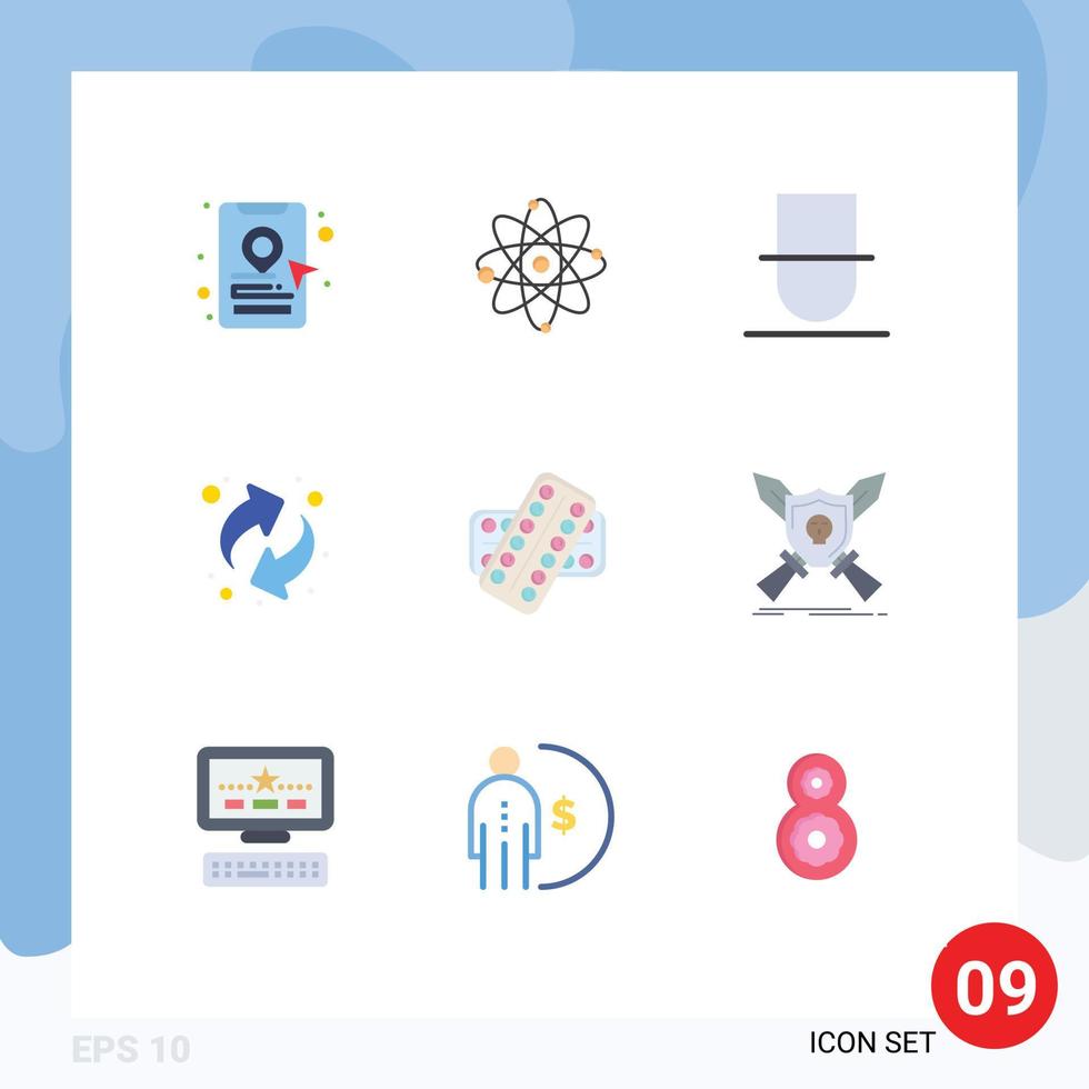 universelle Symbolsymbolgruppe von 9 modernen flachen Farben von Tablettenpillen-Humanmedizin, die editierbare Vektordesign-Elemente recyceln vektor