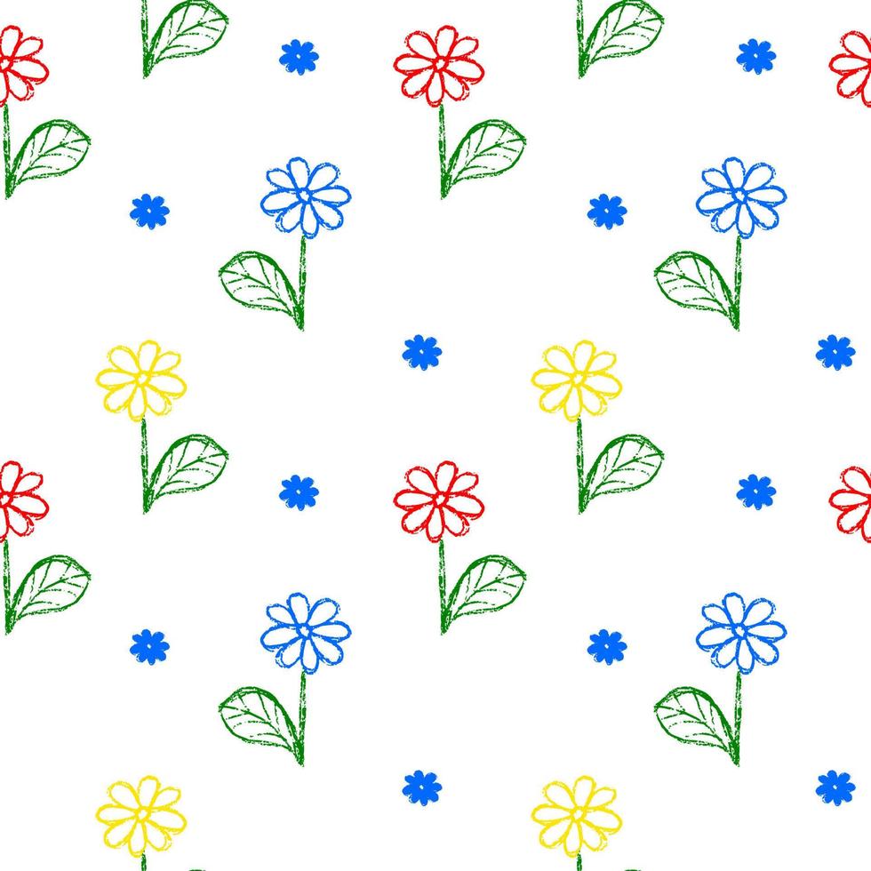 Kinderzeichnung. Blumen und Blätter nahtloser Hintergrund. Zeichnen mit Blumen mit Wachsmalstiften vektor