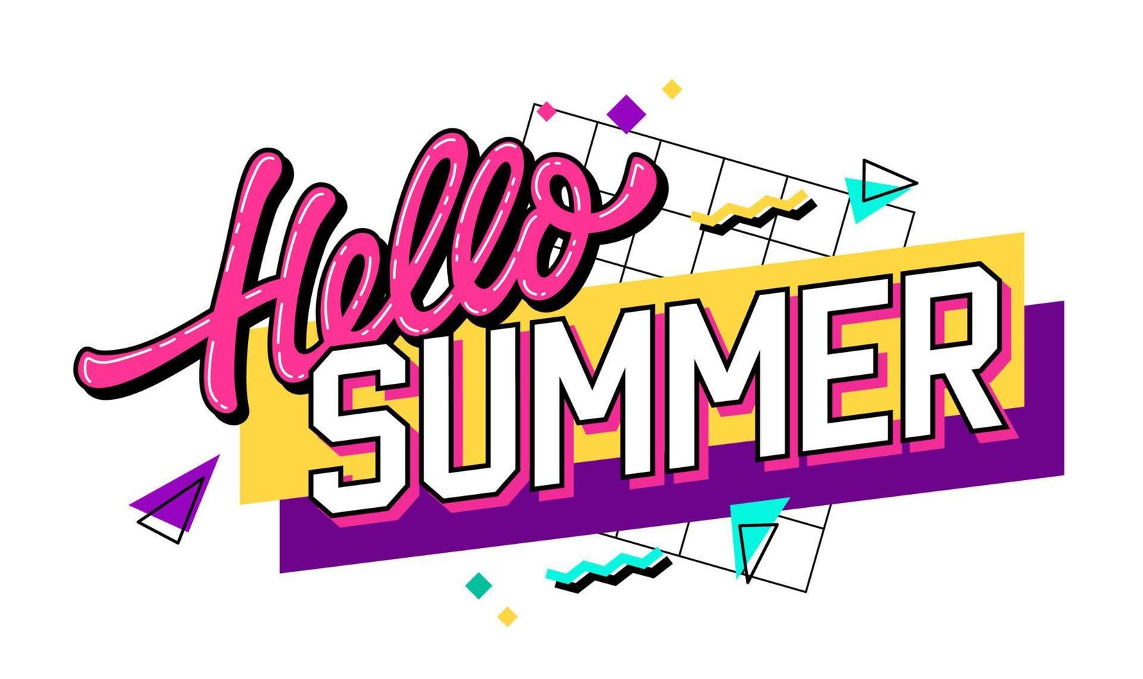 lebendiges Bild mit einem von den 90ern inspirierten Schriftzug mit dem Satz „Hello Summer“ in kräftigen, leuchtenden Farben. Der Hintergrund zeigt geometrische Formen in einer kontrastierenden Farbpalette. vektor