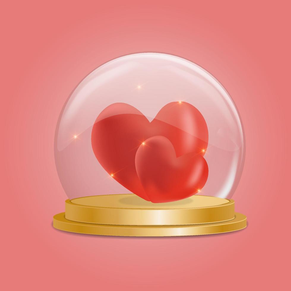 transparent glas boll med hjärtan, isolerad.komposition med en röd hjärta i en glas skål. realistisk 3d stil. idealisk för inbjudan, vykort, hälsning kort. vektor illustration.