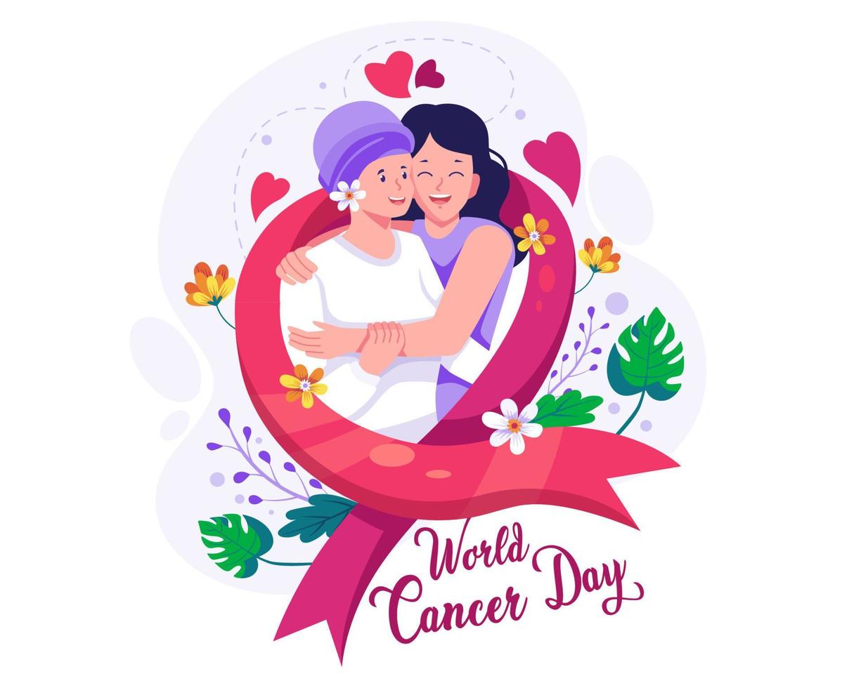 en flicka kramar henne mor vem har cancer med kärlek. med en röd band och blommor. värld cancer dag begrepp illustration vektor