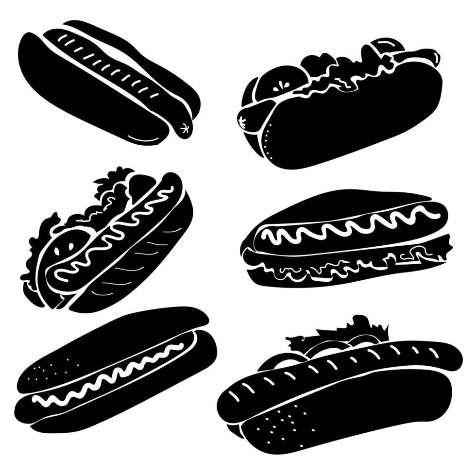 uppsättning av silhuetter av varm hundar, varm korv med bobla och såser eller örter, illustration för logotyp eller meny design vektor