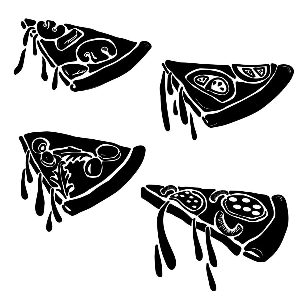 satz von silhouetten von pizzascheiben mit verschiedenen belägen, gebäck mit käsetropfen für menü- oder logodesign vektor