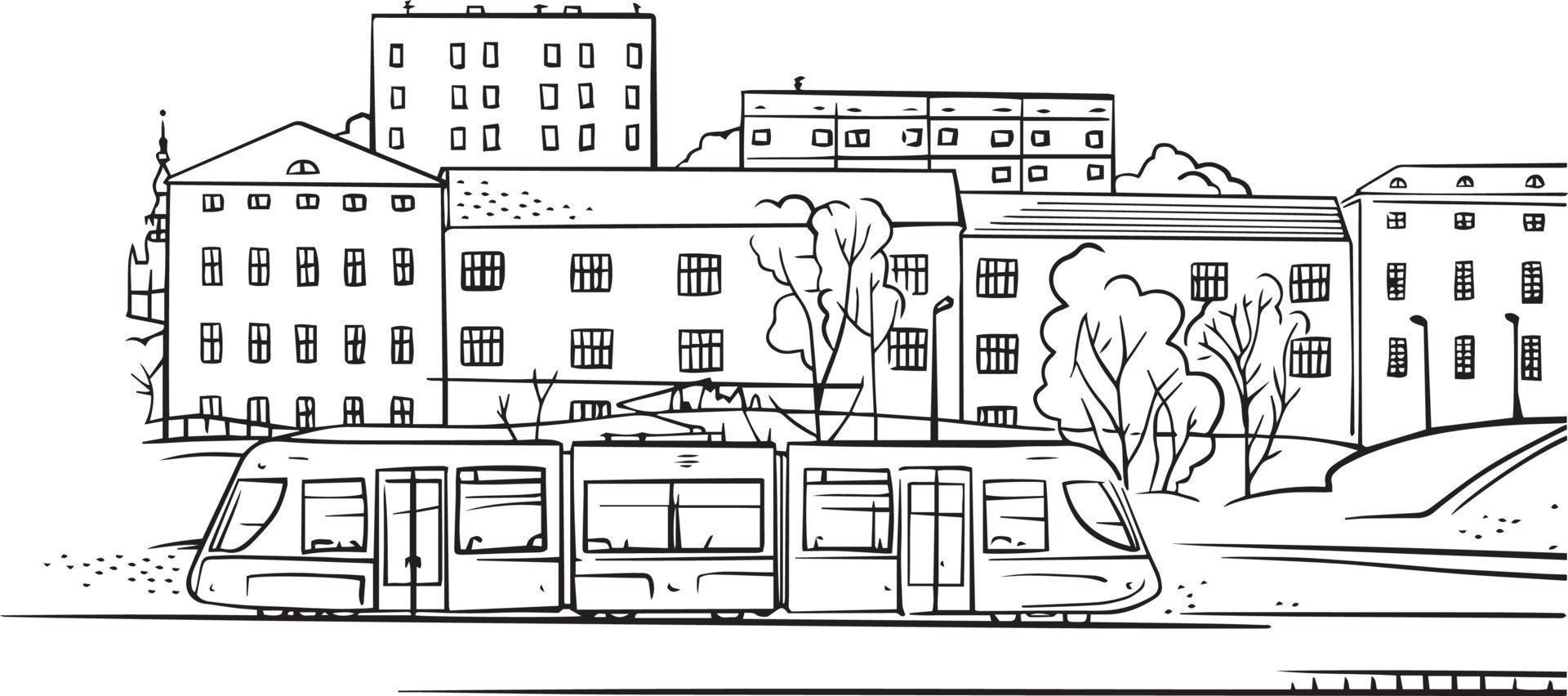 Vektor-Illustration Skizze Stadt Blick auf die Straße mit Straßenbahn und Gebäuden vektor