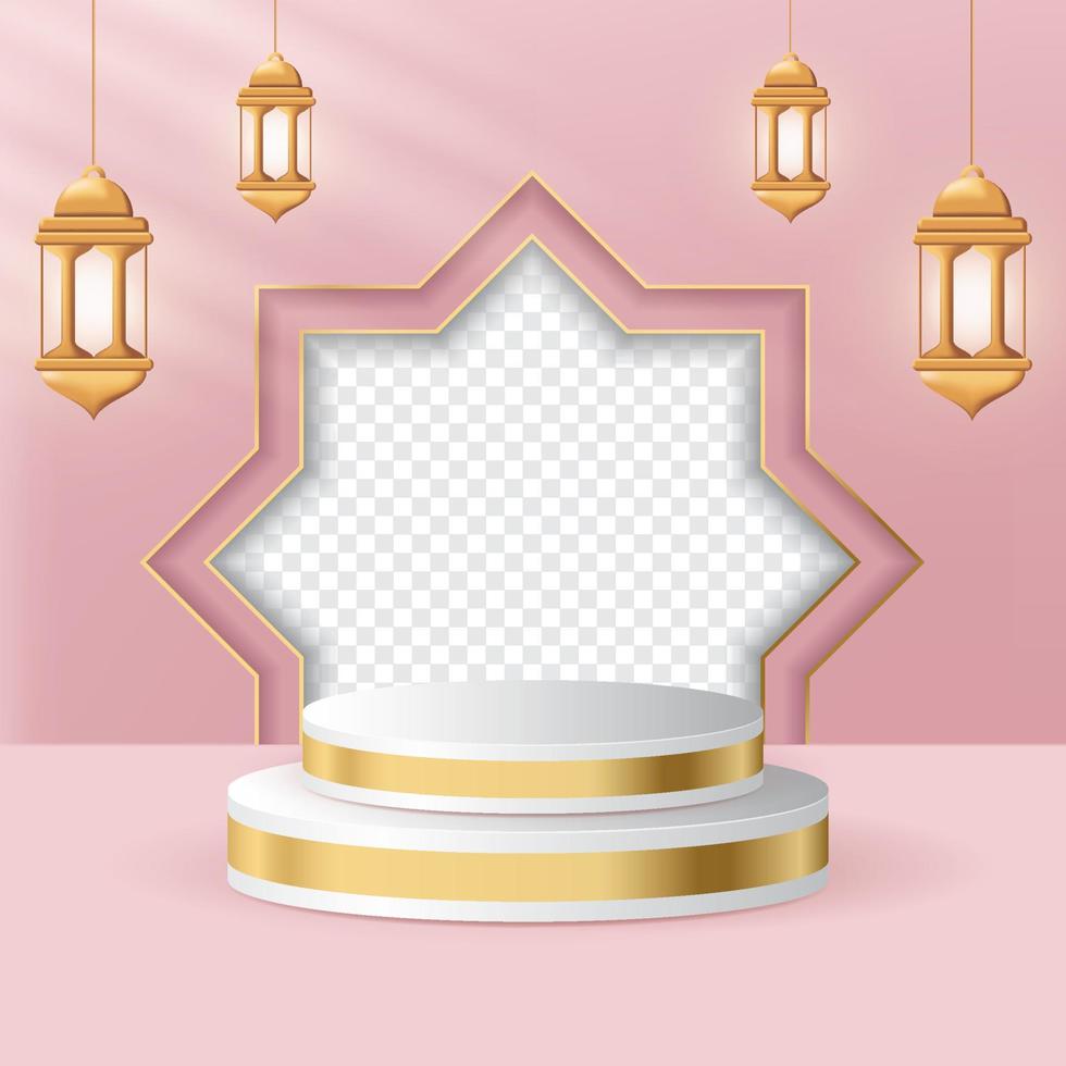 goldenes islamisches produktdisplay-modell. ramadan kareem mit goldener lampe und podium. 3D-Produktanzeige podium themenorientiert islamisch mit Laterne. Vektor-Illustration vektor