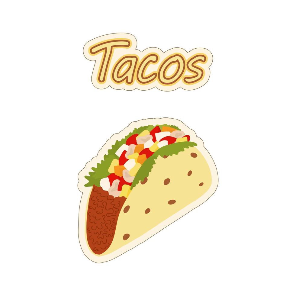 handskriven text tacos med fyllning från träffa och grönsaker. klistermärke. latin amerikan mat vektor