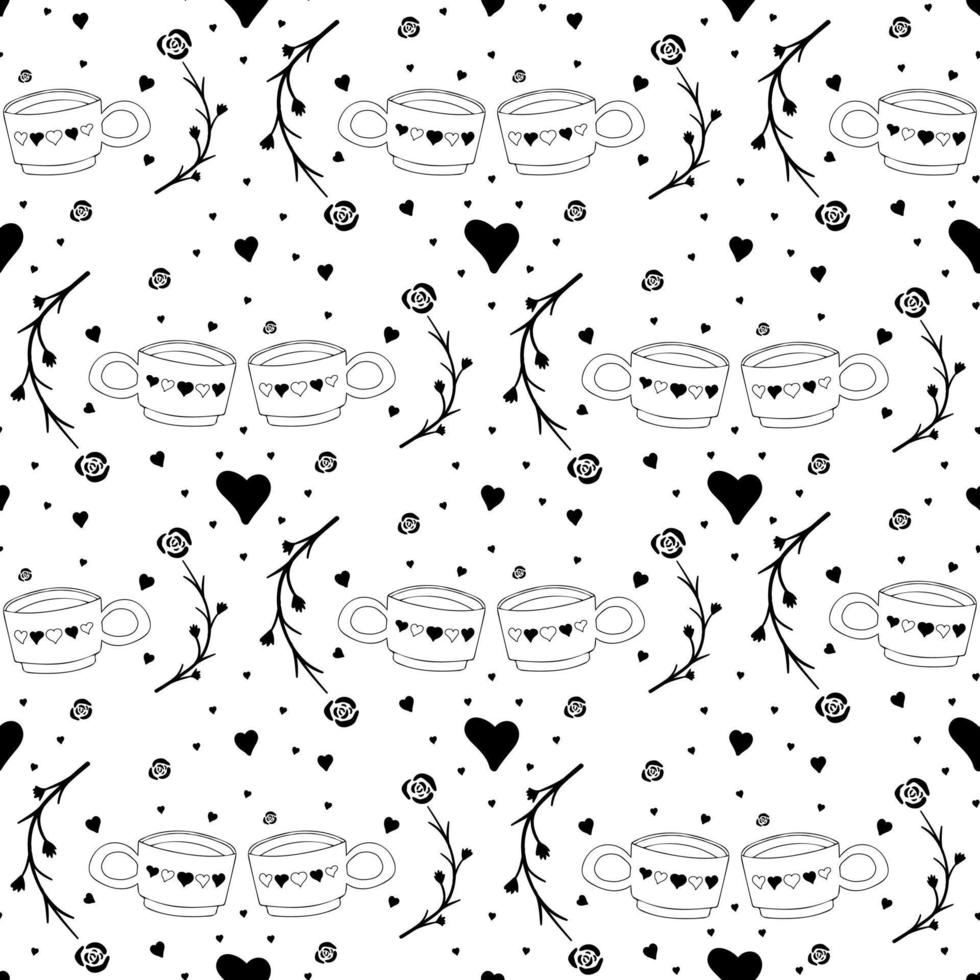 hand dragen årgång te kopp sömlös mönster dekorerad med hjärtan, rosor. klotter kaffe muggar sömlös mönster. svart på vit bakgrund. vektor