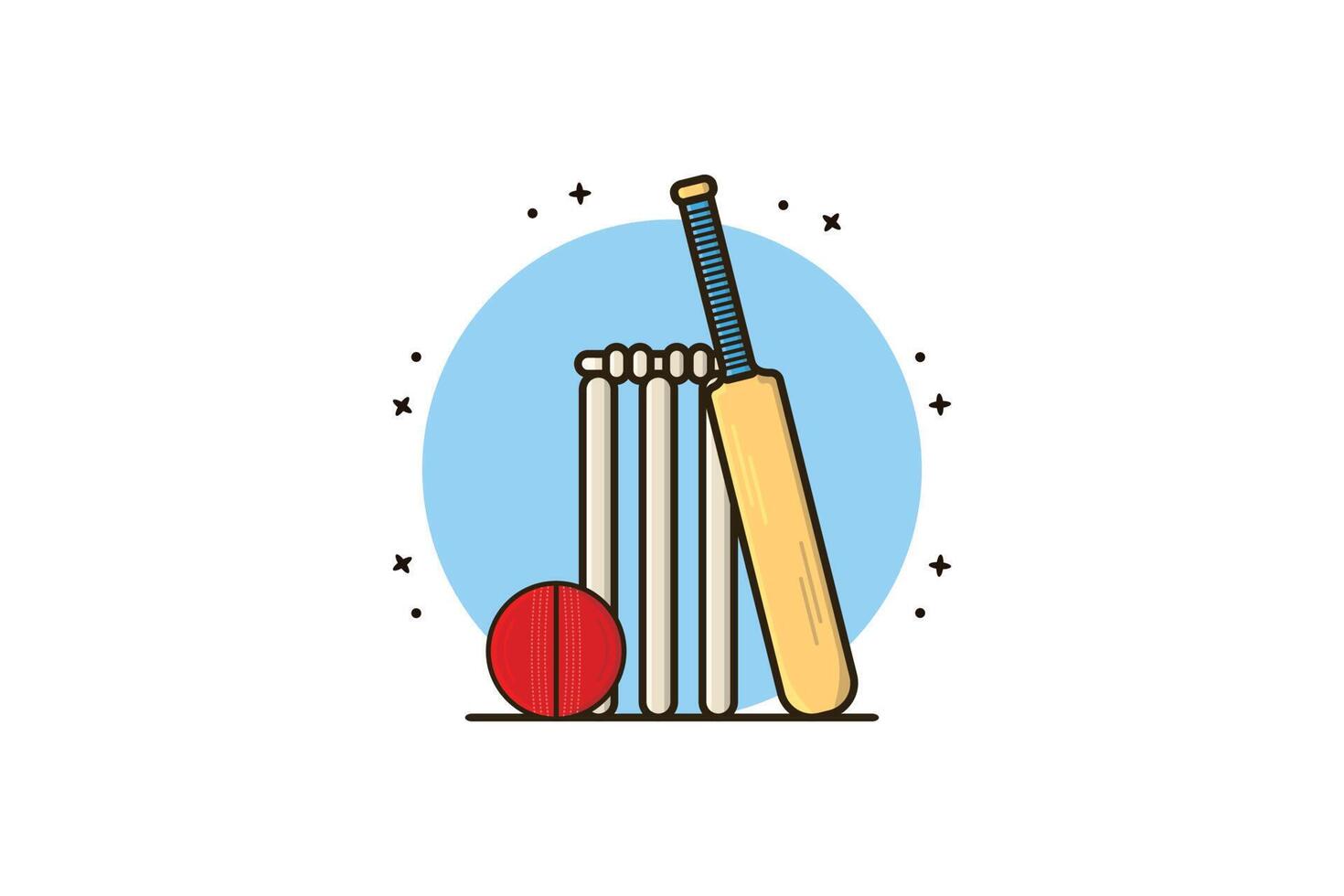 kricketschläger mit wicket-vektorillustration. Sport-Objekte-Icon-Konzept. Team Club Cricket Abzeichen Schild Vektordesign auf gelbem Hintergrund mit Schatten. vektor