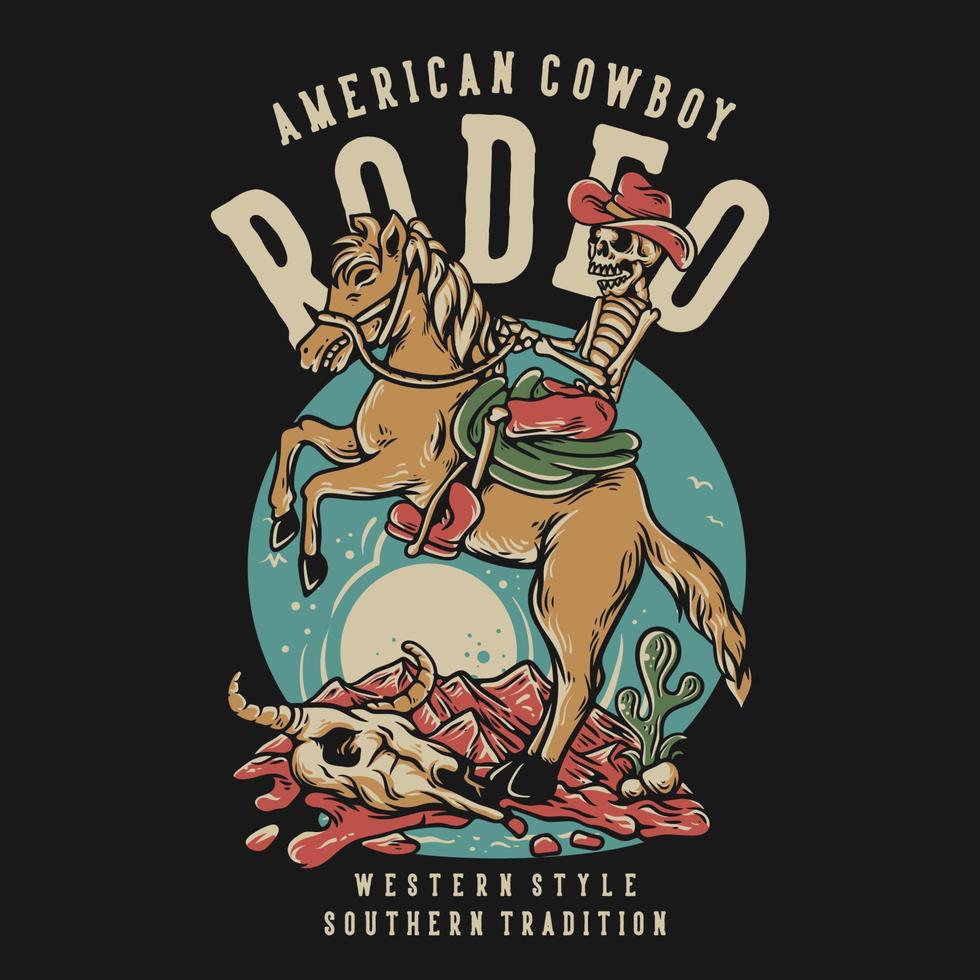t skjorta design amerikan cowboy rodeo Västra stil sydlig tradition med skelett ridning en häst årgång illustration vektor