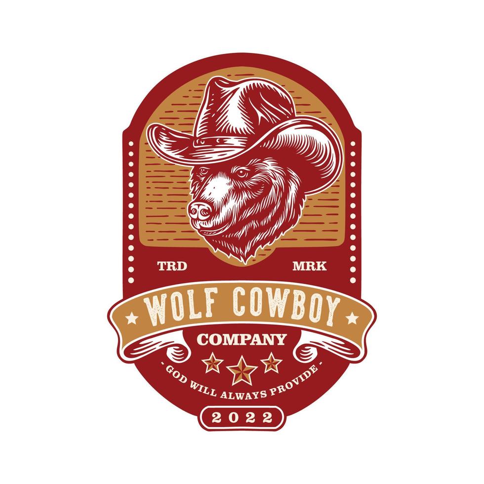 Vintage-Logo-Emblem Wolf mit Cowboyhut mit klassischem Hintergrund und Layout und einigen Cowboy-Sternabzeichen vektor