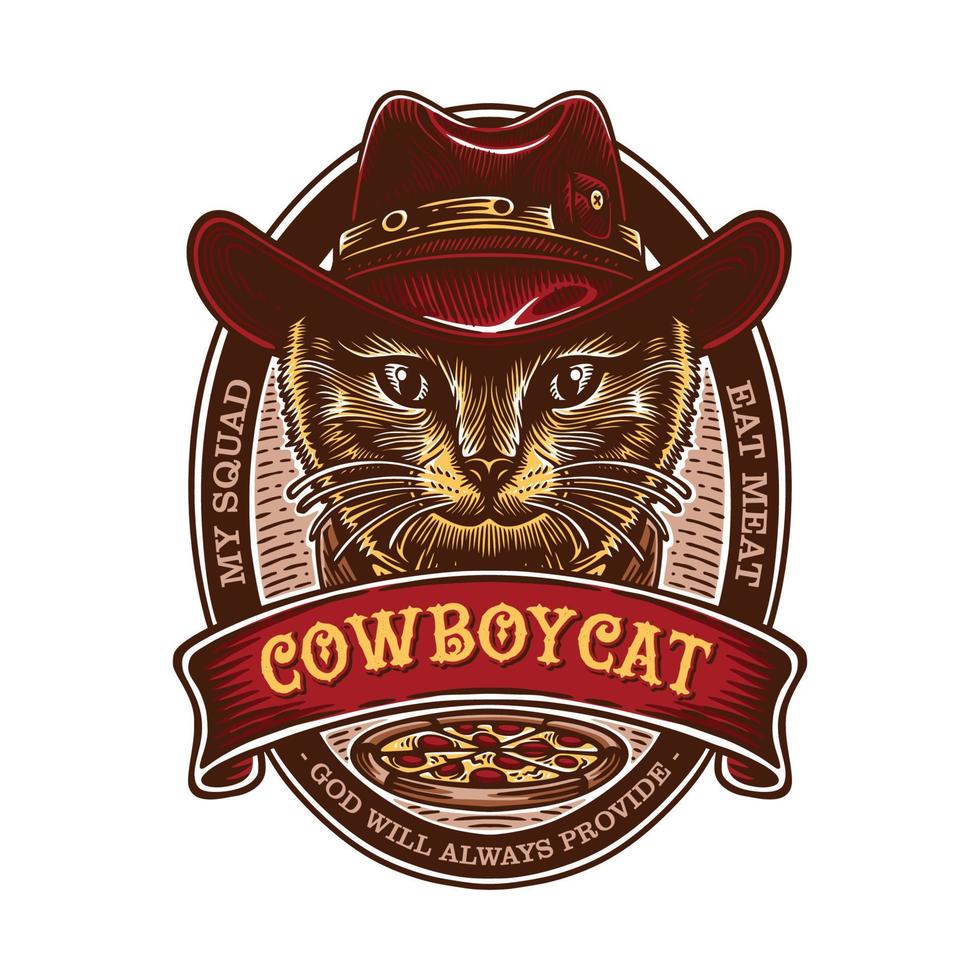 vintage logo emblem eine katze im cowboykleid starrt scharf und kühl vor einem ovalen hintergrund mit mehreren ornamenten vektor