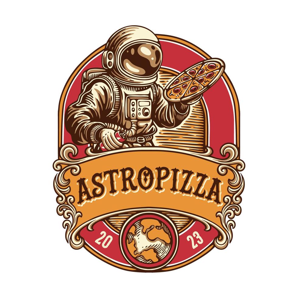 Vintage-Logo-Emblem-Astronaut, der Pizza und Cola mit Ornamenthintergrund und Erde darunter hält vektor