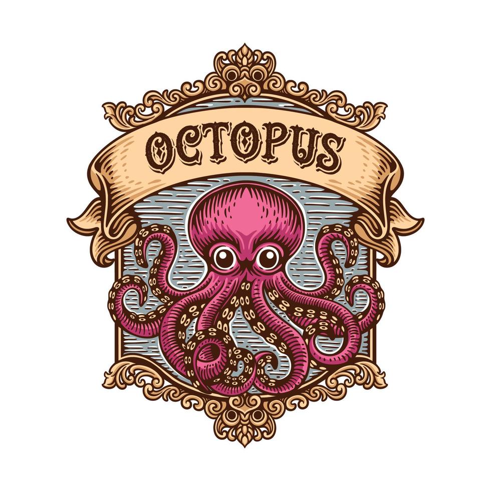 Vintage-Logo-Emblem ein Oktopus mit seinen langen Tentakeln auf Wasserhintergrund und umgeben von Ornamenten vektor