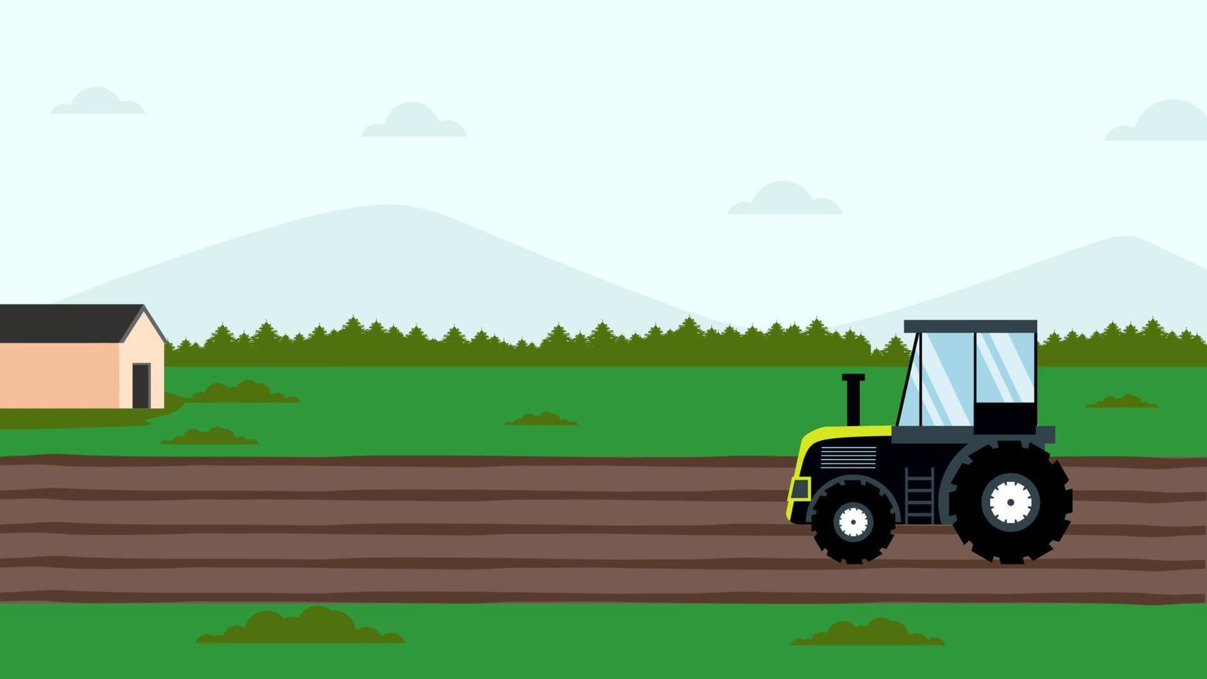 traktor plöjning fält på lantlig landskap. vektor