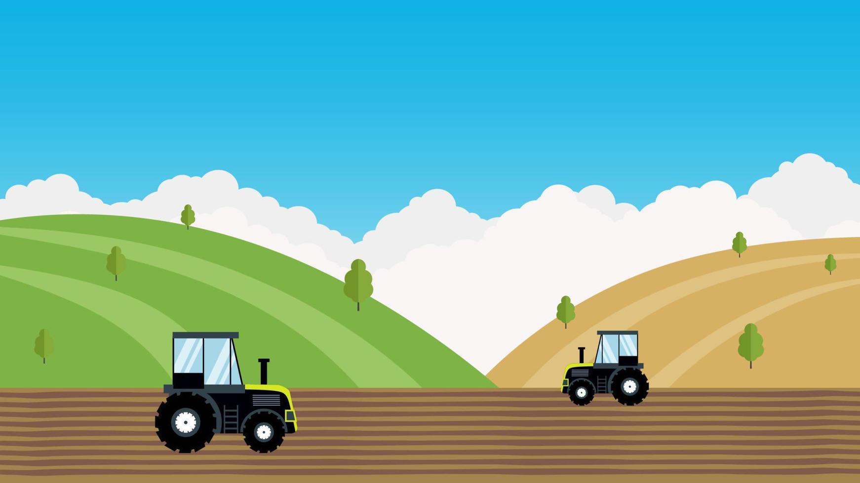 Traktor pflügen Feld auf ländliche Landschaft. vektor