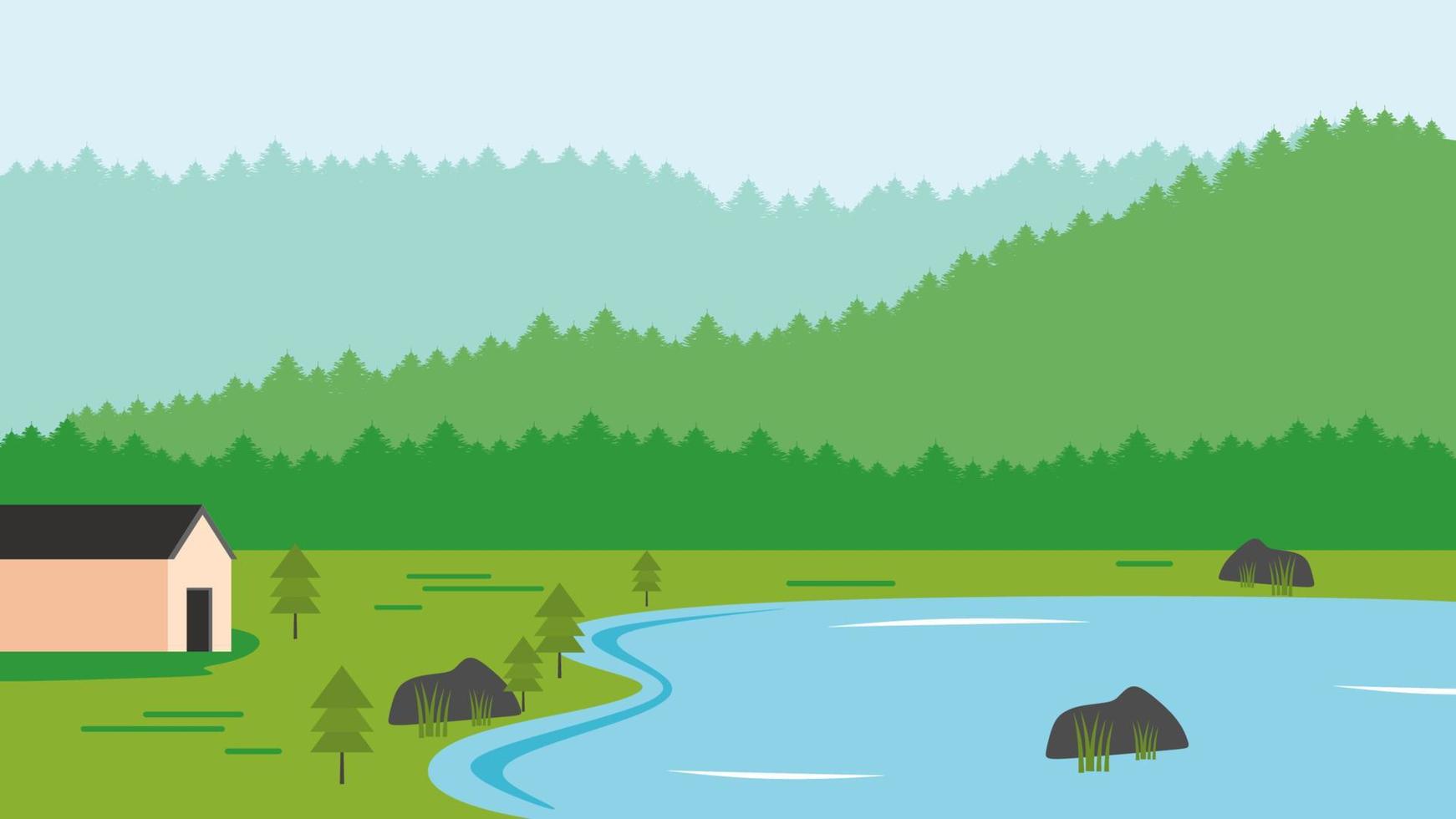 sjö, hus, och skog platt vektor natur landskap bakgrund.