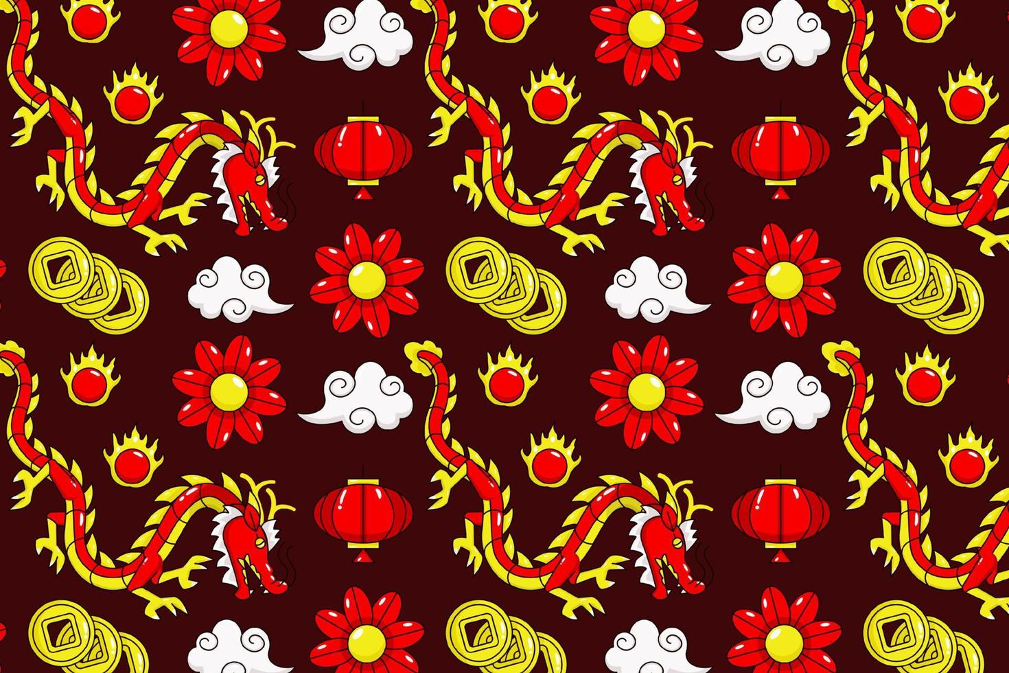 Symbolmuster des chinesischen Neujahrsfests. Drachen, Laternen, Gold, Koi-Fische und Feuerwerkskörper vektor