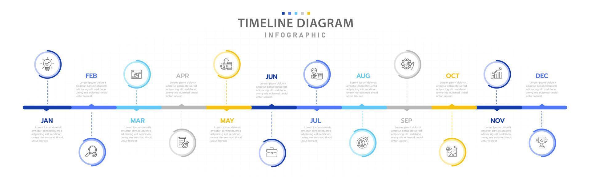 Infografik-Vorlage für Unternehmen. 12 Monate moderner Timeline-Diagrammkalender mit Kreisen, Präsentationsvektor-Infografik. vektor