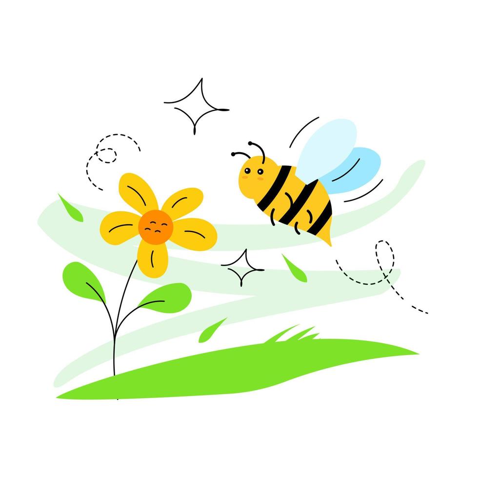 klotter hand dragen flygande bi i de blomma platt illustration vektor eps10