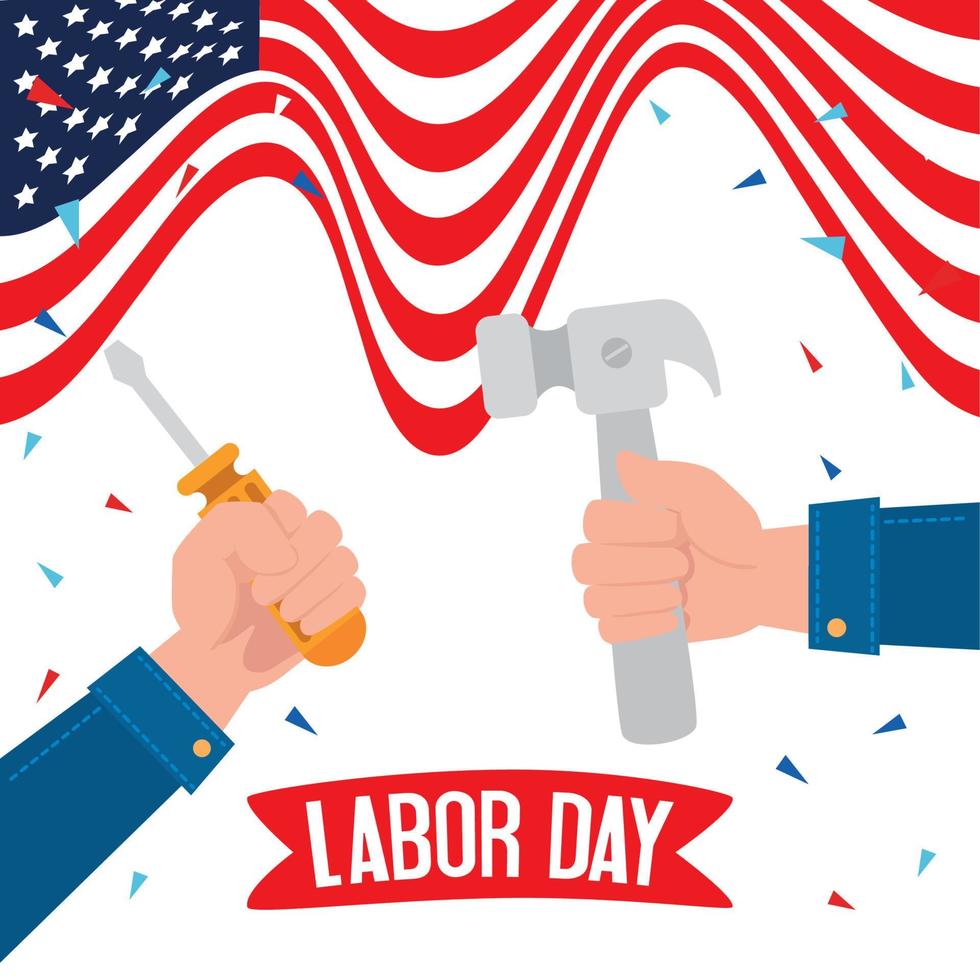 Happy Labor Day Holiday Banner und Hände mit Werkzeugbau vektor