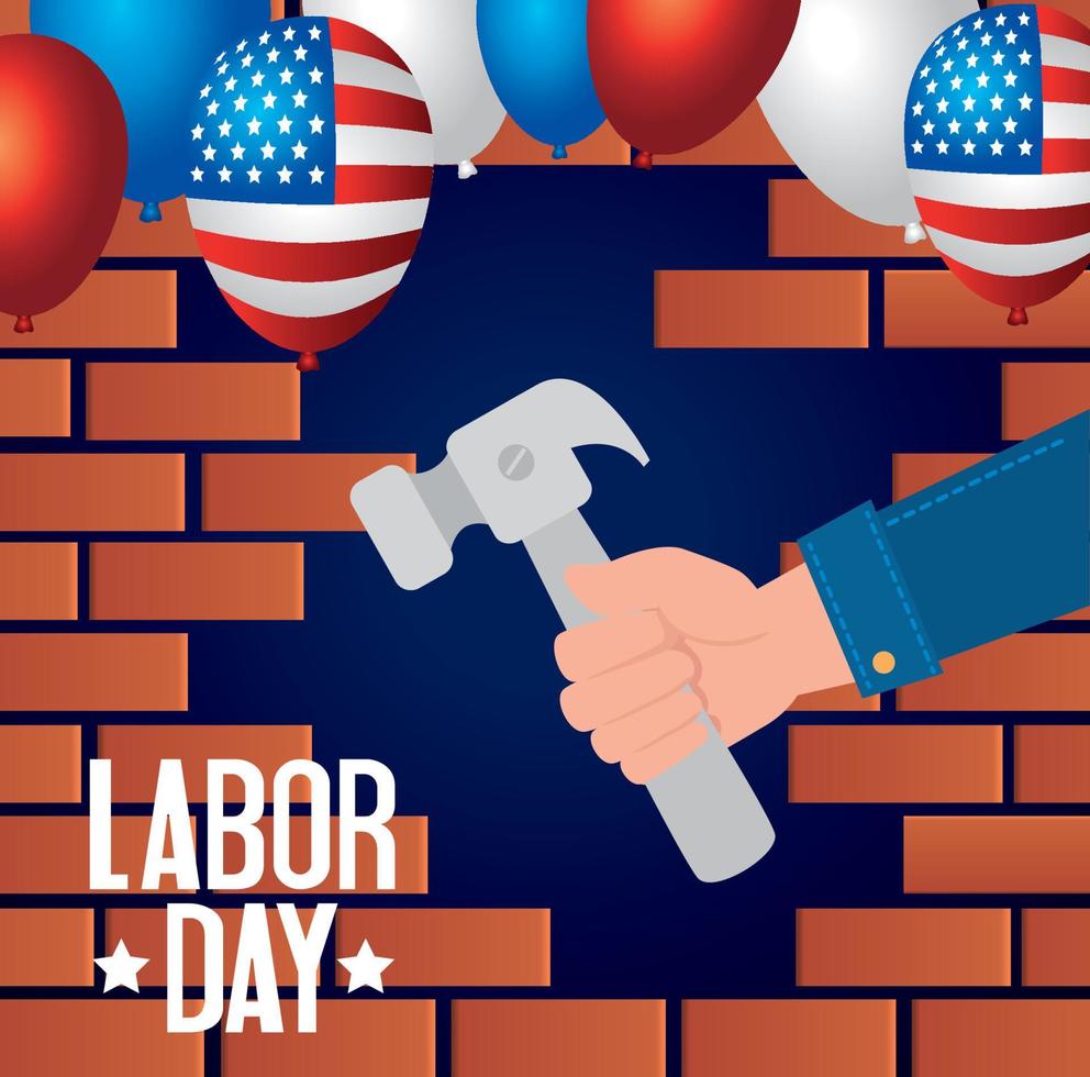 Happy Labor Day Holiday Banner und Hand mit Hammerwerkzeug vektor