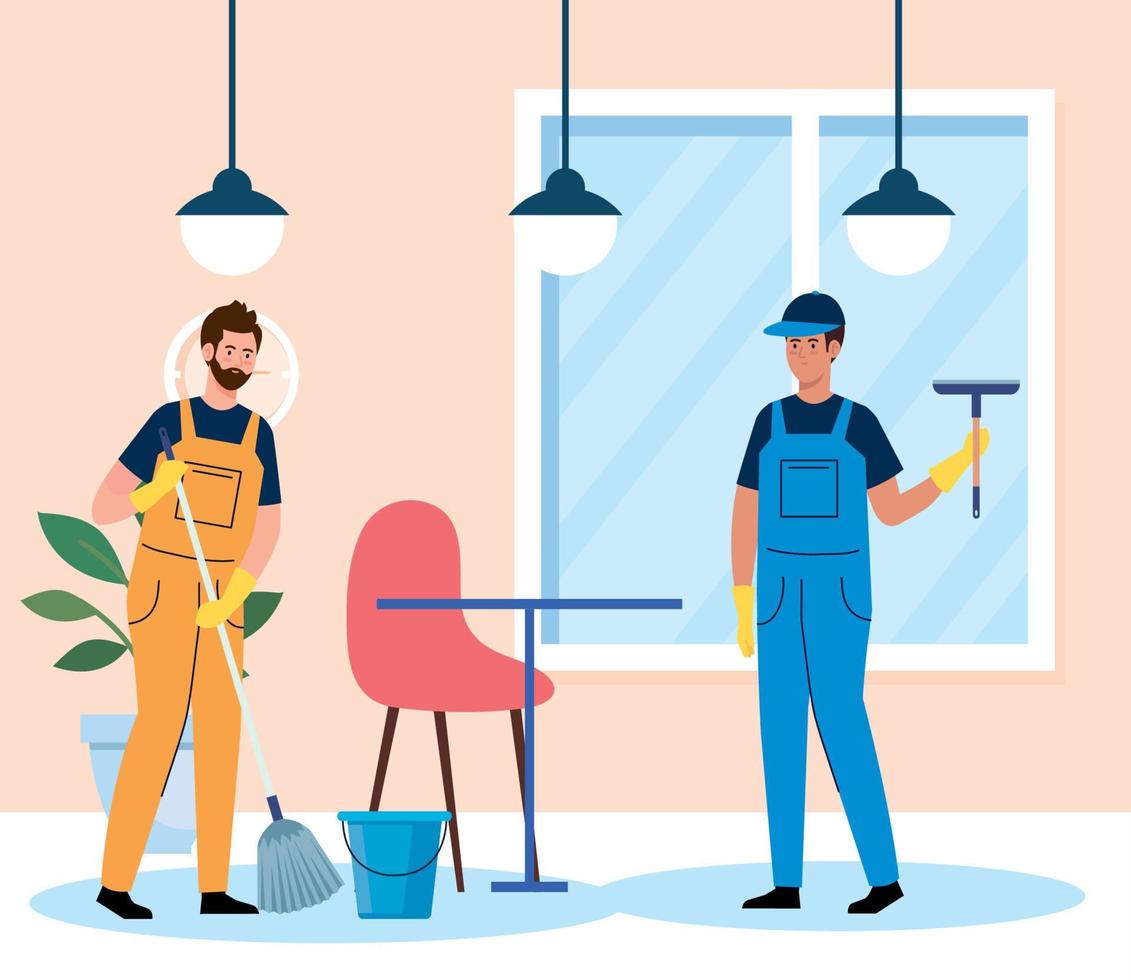 rengöring service, män arbetare av rengöring service i de restaurang vektor