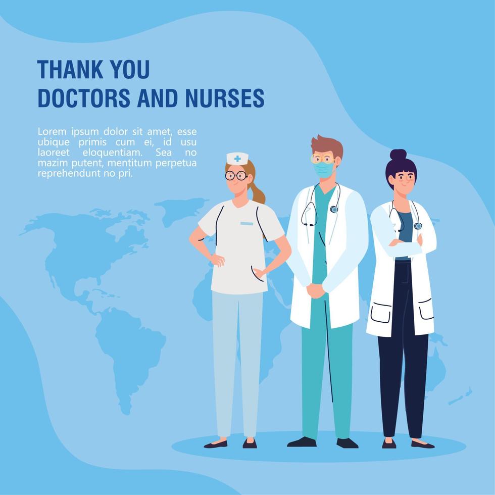 tacka du läkare och sjuksköterskor arbetssätt i sjukhus, personal doktorer och sjuksköterska stridande de coronavirus covid 19 vektor