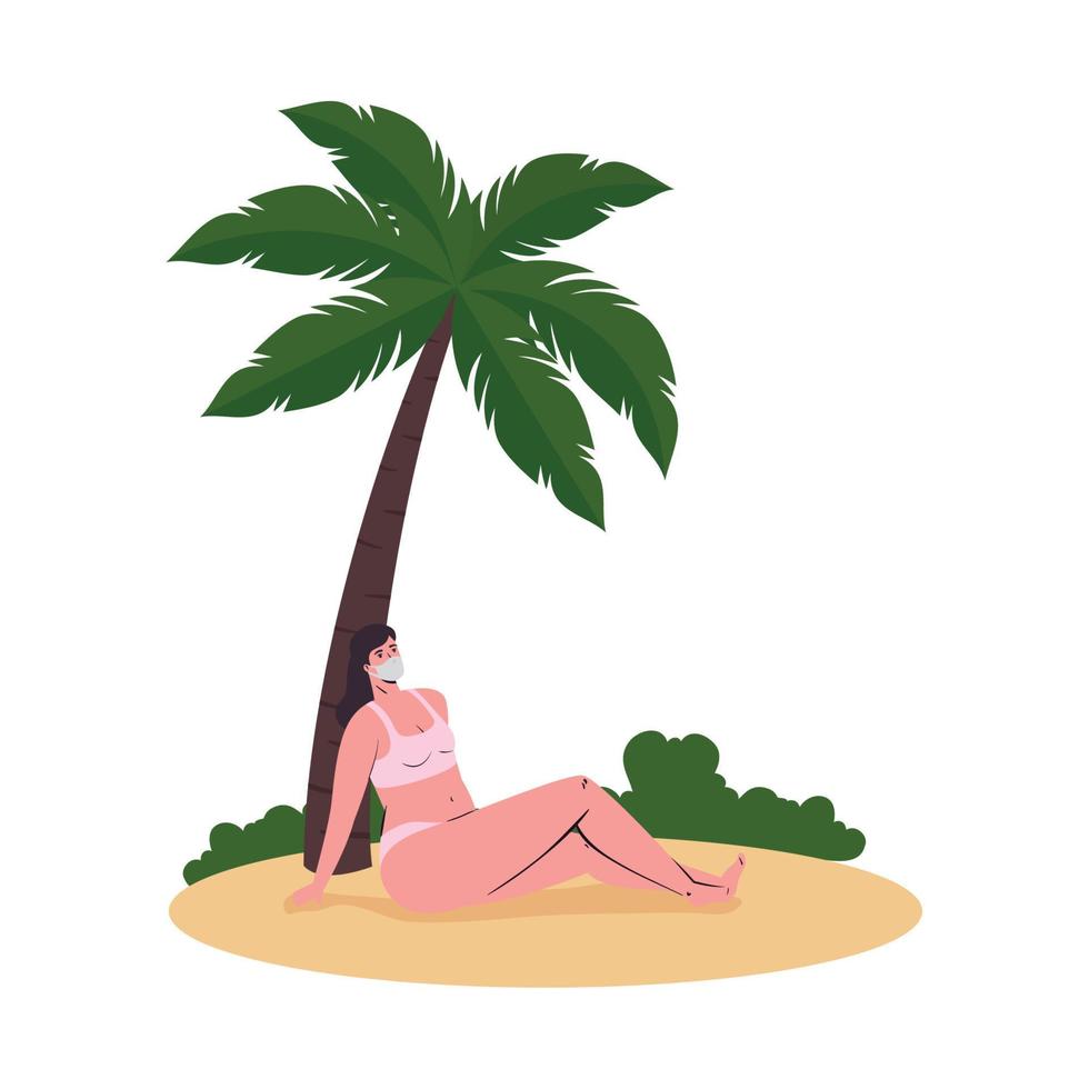 flickatecknad film med bikini och medicinsk mask vid strandvektordesign vektor