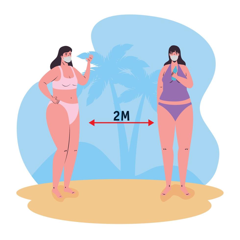 social avstånds mellan flickor med bikini och medicinsk masker på strand vektor design