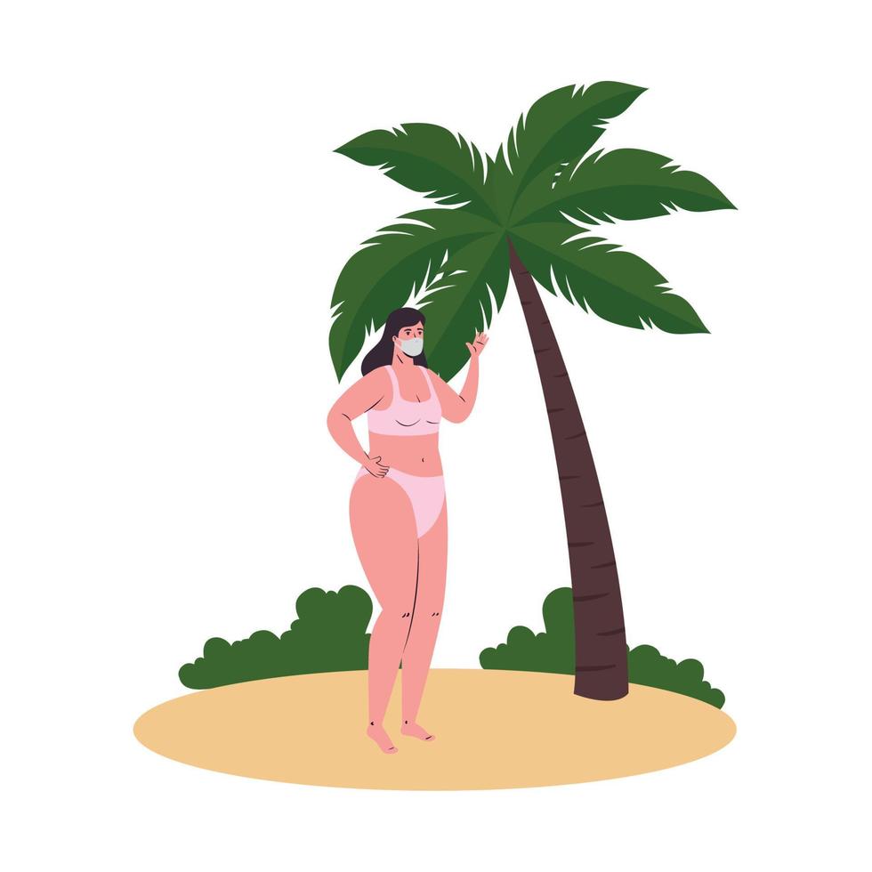 flickatecknad film med bikini och medicinsk mask vid strandvektordesign vektor