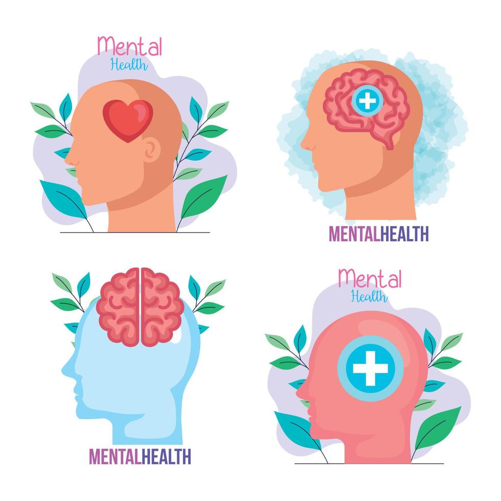 uppsättning banderoller av mental hälsa med ikoner vektor