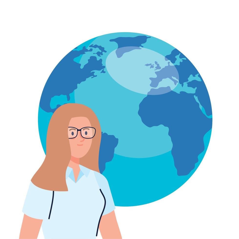 junge Frau mit Brille mit Weltplaneten auf weißem Hintergrund vektor