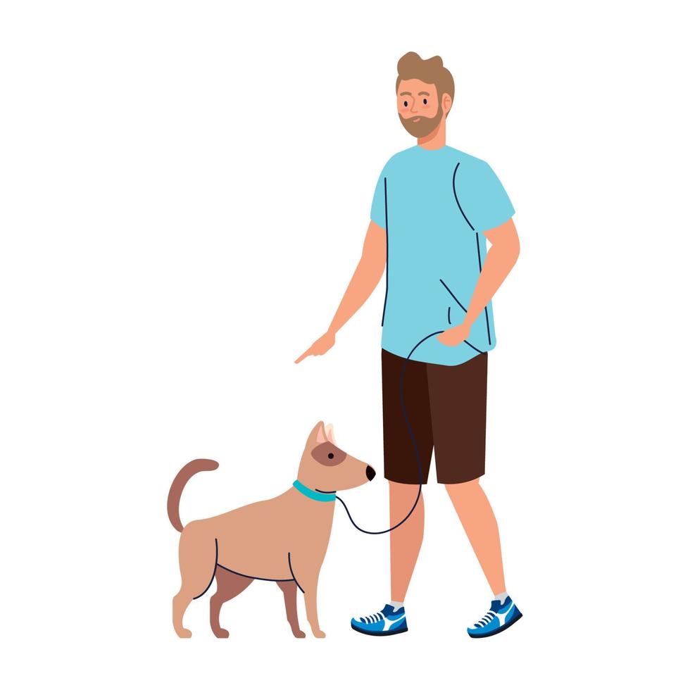 ung man på en promenad med en hund på vit bakgrund vektor