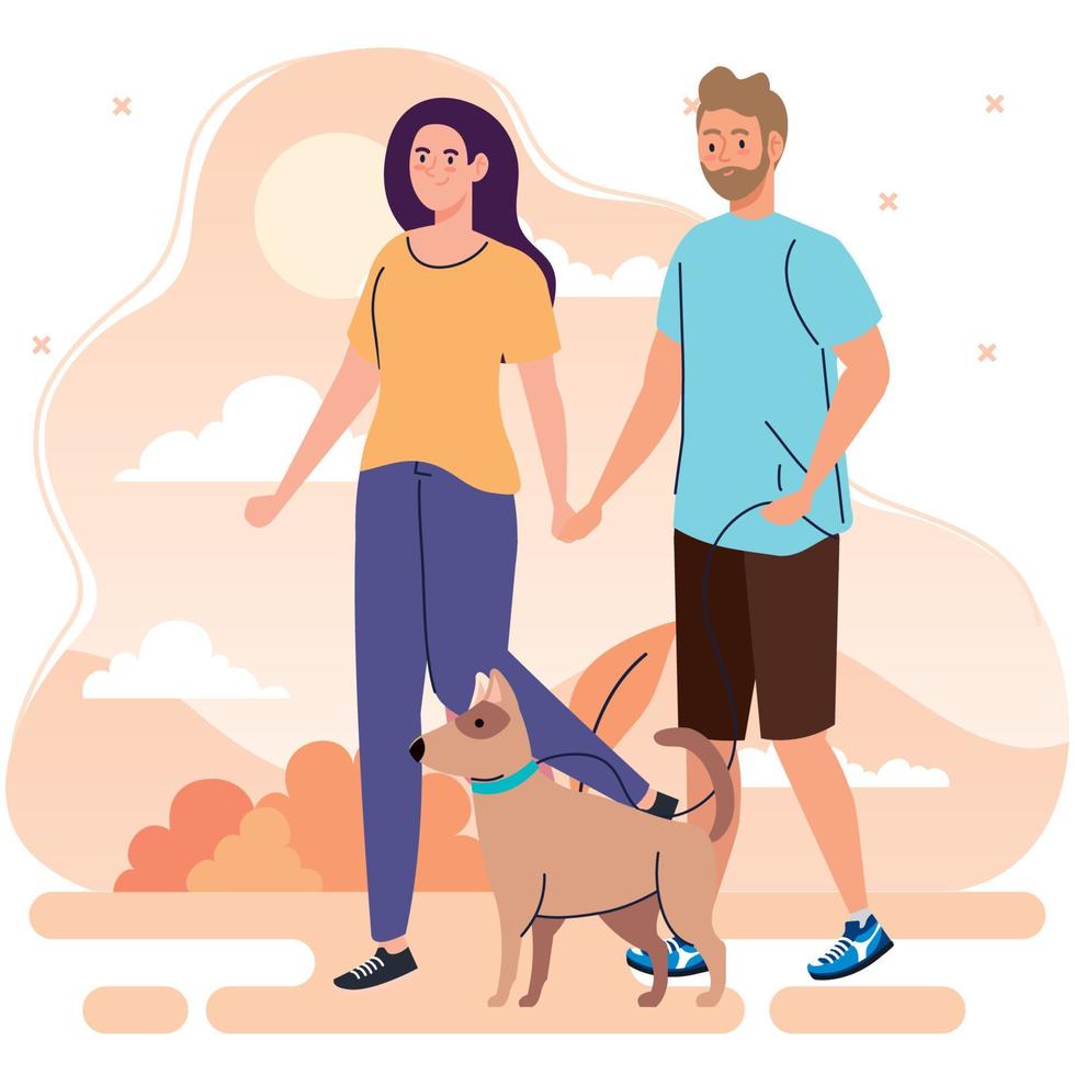 par utför utomhus- aktiviteter, ung par på en promenad med en hund vektor