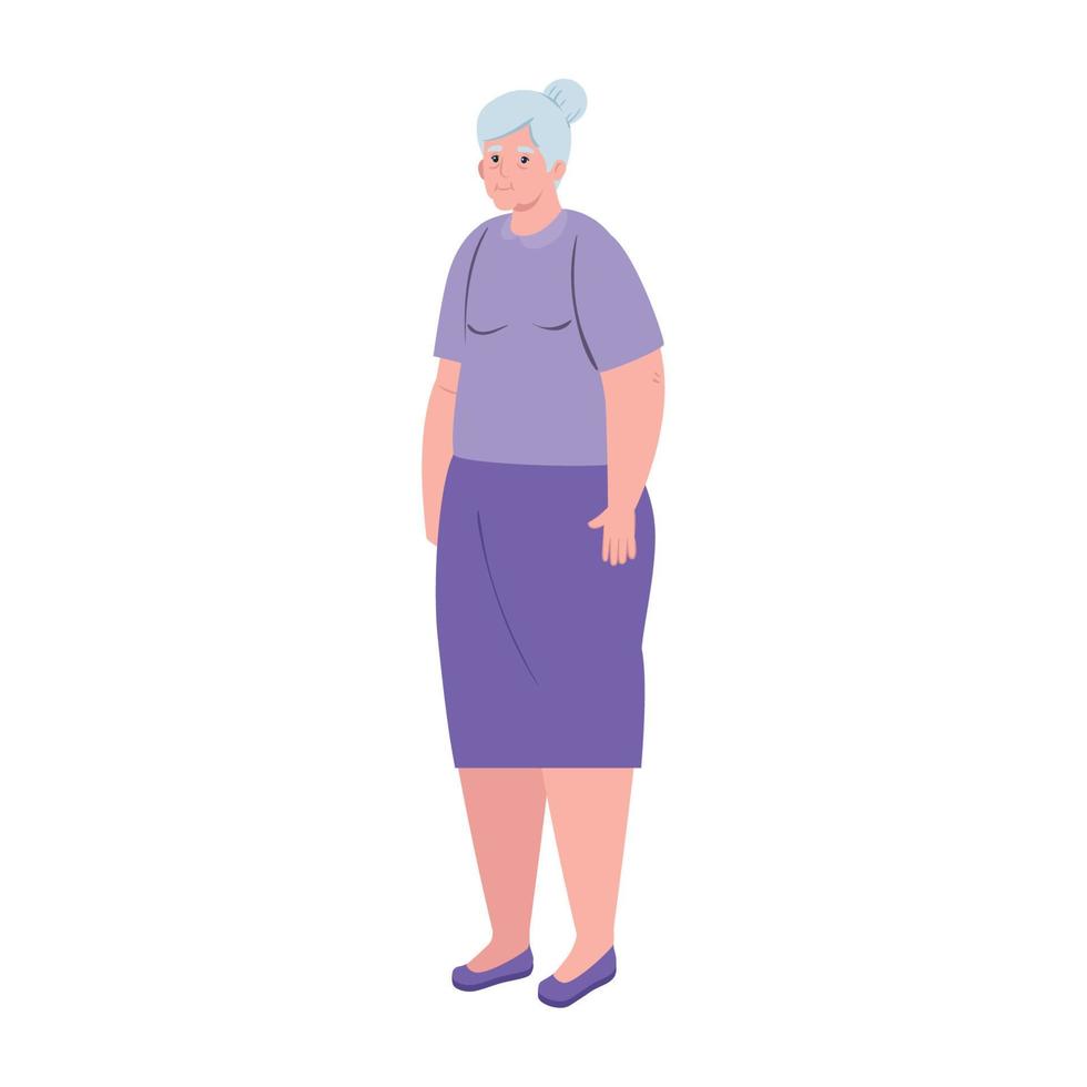 söt gammal kvinna stående, mormor stående på vit bakgrund vektor