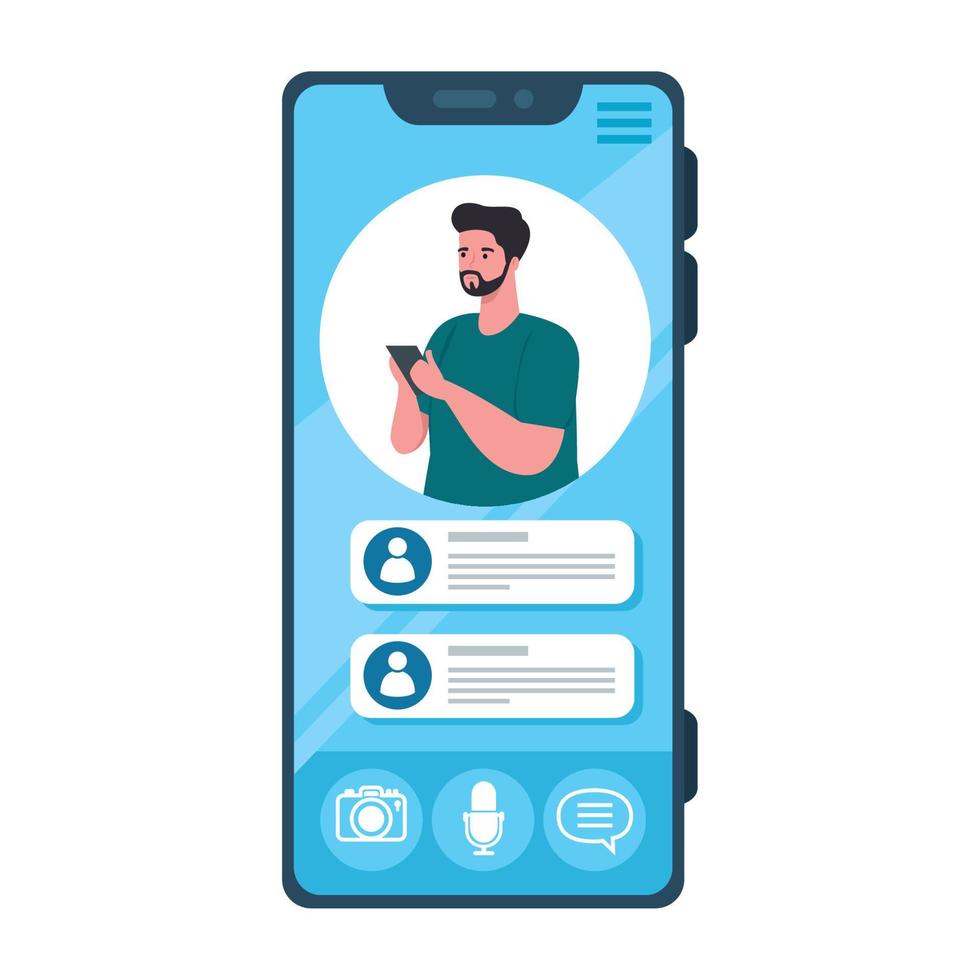online-chat-nachrichten, junger mann auf dem bildschirm des smartphones, digitale online-kommunikation chatten vektor