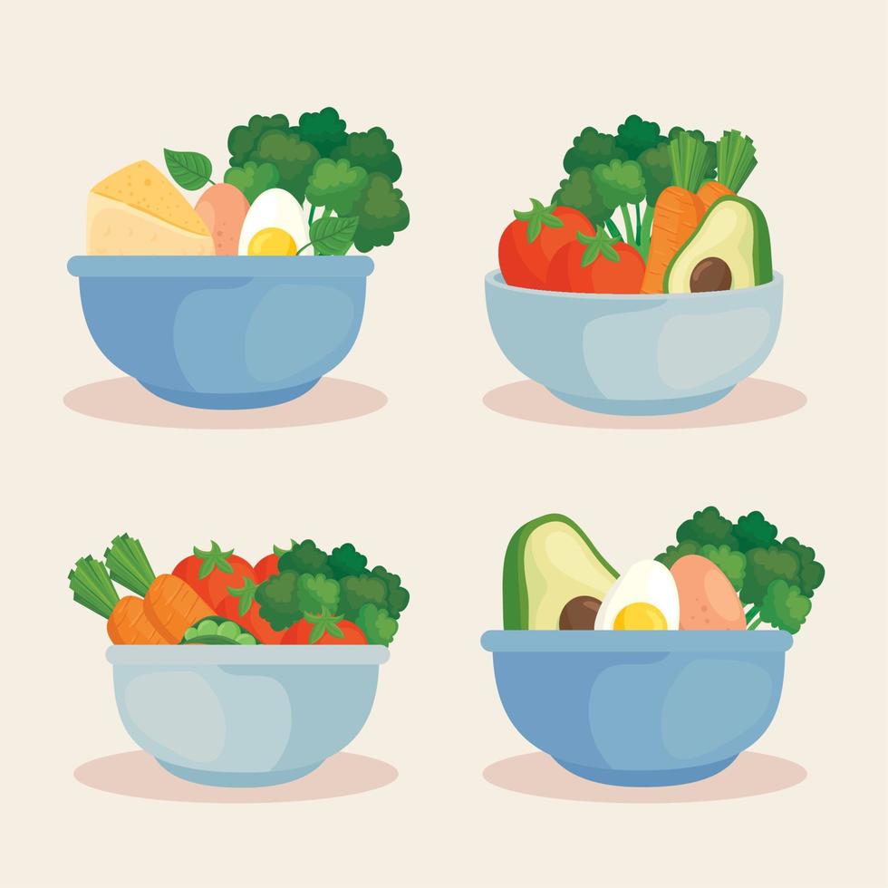 uppsättning skålar med grönsaker och friska mat, begrepp friska mat vektor