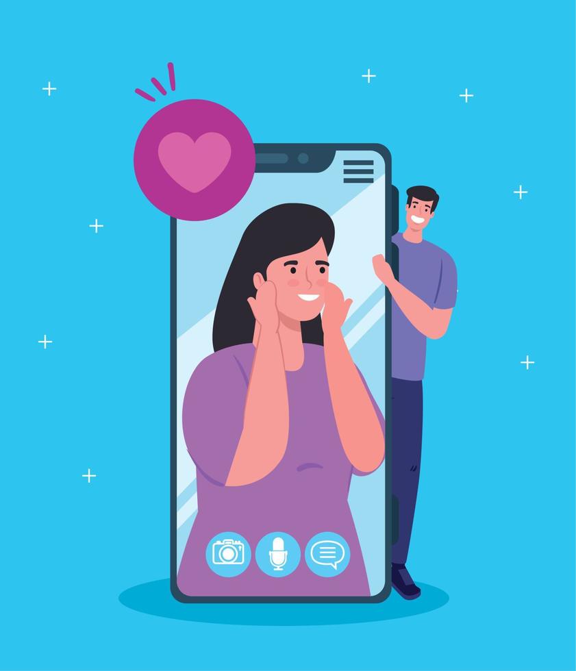 junges Paar mit Smartphone im Videoanruf, Social-Media-Konzept vektor