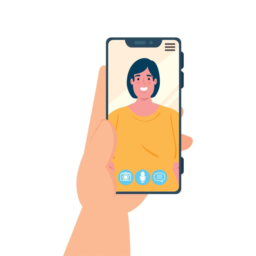 Hand hält Smartphone-Videoanruf auf dem Bildschirm mit junger Frau, Social-Media-Konzept vektor